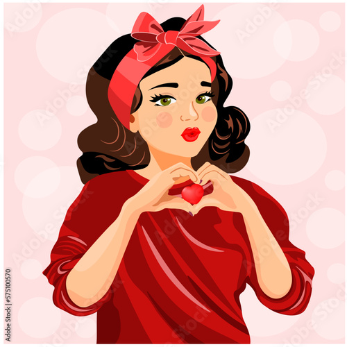 girl and romantic heart on pink background