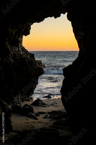 Leo Carrillo State Beach and its rocky shoreline and large coastal caves, taken during sunset.