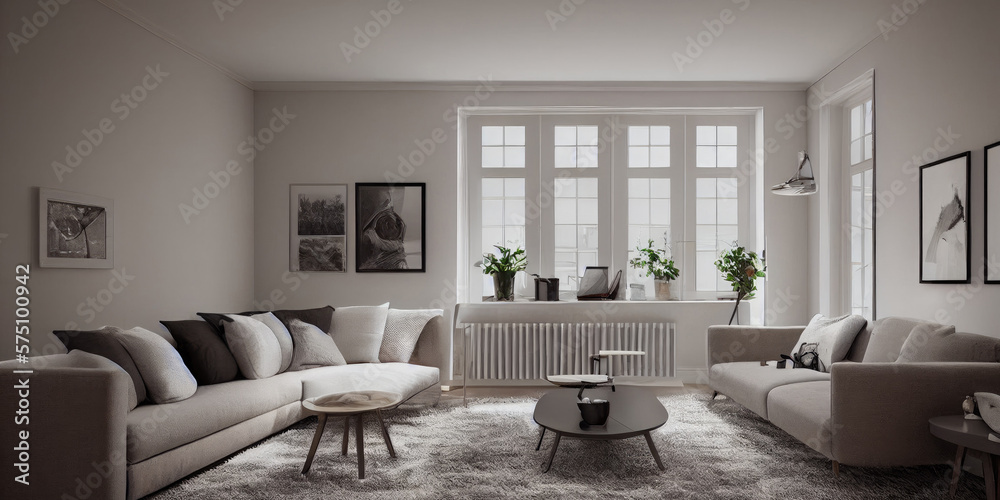 Fototapeta premium Stylish scandinavian living room with design mint sofa, furnitures, mock up poster map, plants and elegant personal accessories. Modern home decor. Bright and sunny room. Generative AI illustration.