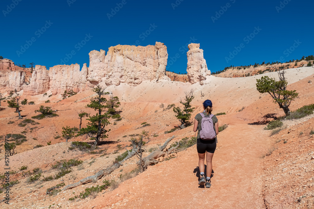 Woman with backpack on Fairyland hiking trail with scenic view on massive hoodoo sandstone rock formation on in Bryce Canyon National Park, Utah, USA. Unique nature and beautiful landscape. Awe Woman with backpack on Fairyland hiking trail with scenic view on massive hoodoo sandstone rock formation on in Bryce Canyon National Park, Utah, USA. Unique nature and beautiful landscape. Awe
