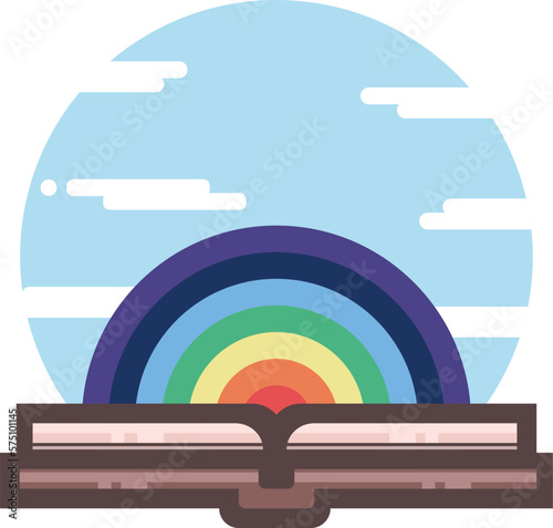 Book flat icon. Open book with a rainbow inside on blue sky round background. Metaphore of a life-affirming and breathtaking literature. Pleasure of reading. Children's books. Fantasy literature