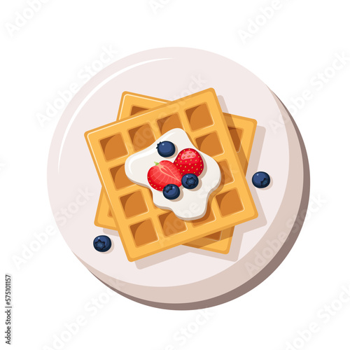 Waffles with fruits on a plate isolated on white background