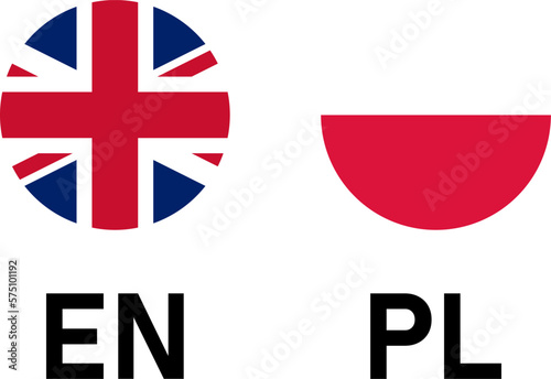 Round Flag Selection Button Badge Icon Set with UK United Kingdom and Poland Flags with Language Codes EN and PL for English and Polish. Vector Image.