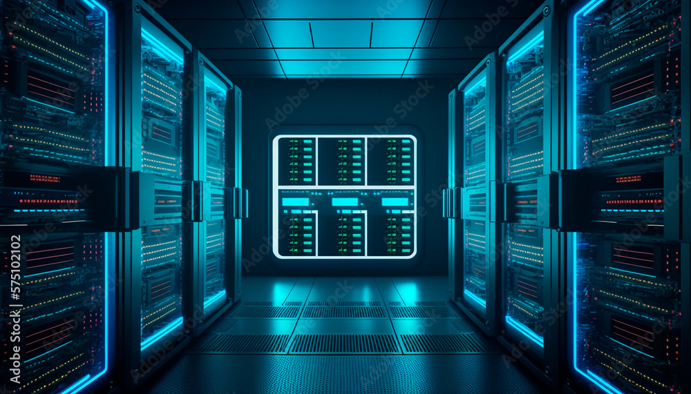 computer network security server room data center light blue color  ,photorealistic, high resolution. Creates with Generative AI Illustration  Stock | Adobe Stock