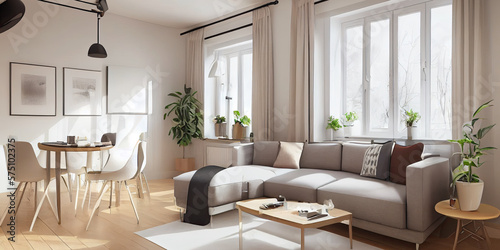 Stylish scandinavian living room with design mint sofa, furnitures, mock up poster map, plants and elegant personal accessories. Modern home decor. Bright and sunny room. Generative AI illustration.