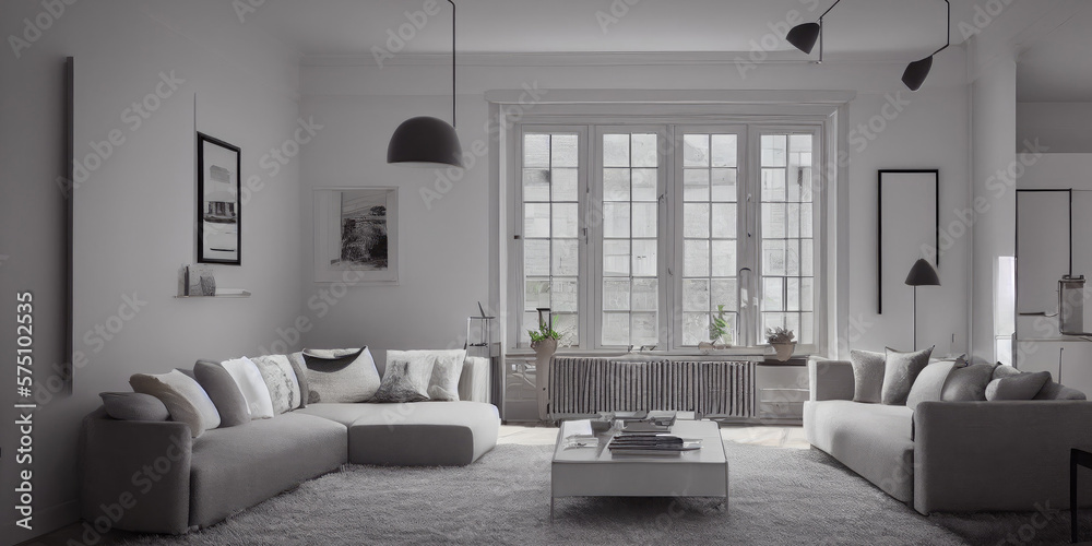 Fototapeta premium Stylish scandinavian living room with design mint sofa, furnitures, mock up poster map, plants and elegant personal accessories. Modern home decor. Bright and sunny room. Generative AI illustration.