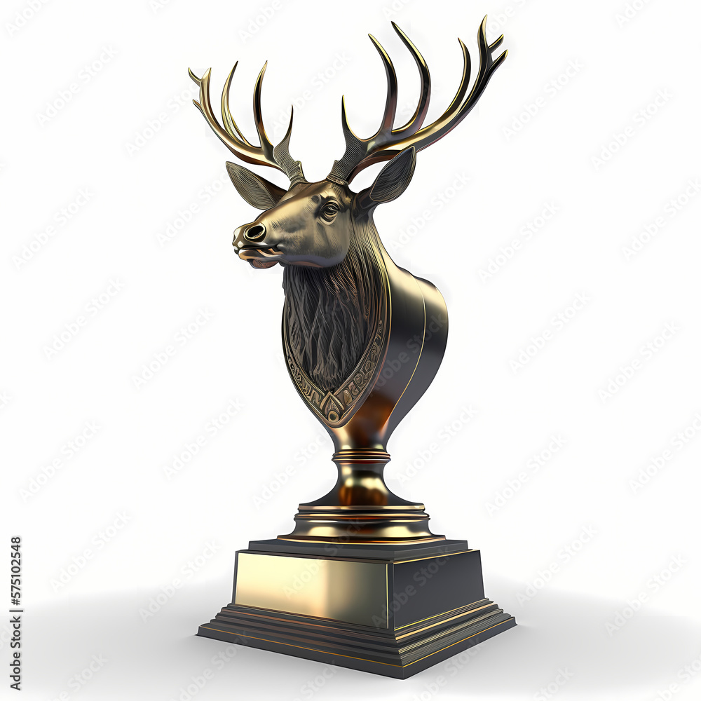 First place gold trophy cup with Deer Character Design isolated on white background. 3d rendering First place gold trophy cup with Deer Character Design isolated on white background. 3d rendering