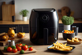 Black air fryer or oil free fryer appliance on the wooden table.generative ai