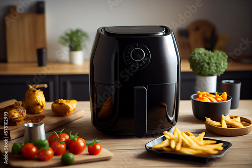Black air fryer or oil free fryer appliance on the wooden table.generative ai