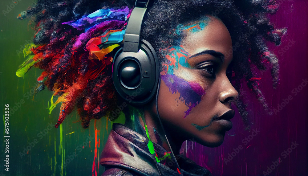 Mujer joven afro americana con pelo afro , con auriculares y luces de neón en ambiente urbano , generado con IA - obrazy, fototapety, plakaty 
