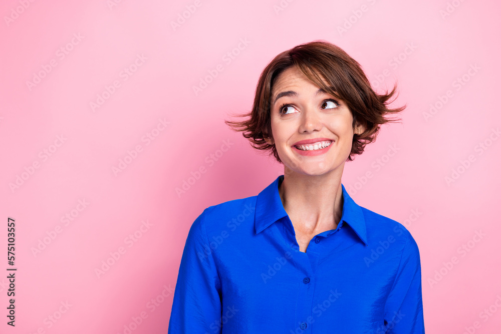 Portrait of pretty cheerful lady beaming smile look interested empty space isolated on pink color background Portrait of pretty cheerful lady beaming smile look interested empty space isolated on pink color background