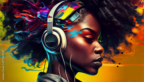 Mujer joven afro americana con pelo afro , con auriculares y luces de neón en ambiente urbano , generado con IA