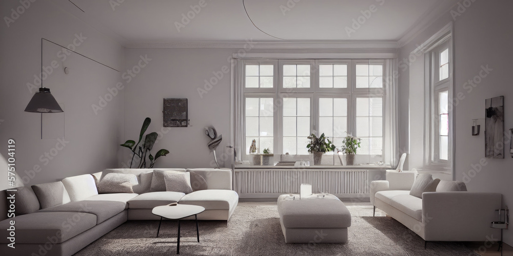 Fototapeta premium Stylish scandinavian living room with design mint sofa, furnitures, mock up poster map, plants and elegant personal accessories. Modern home decor. Bright and sunny room. Generative AI illustration.
