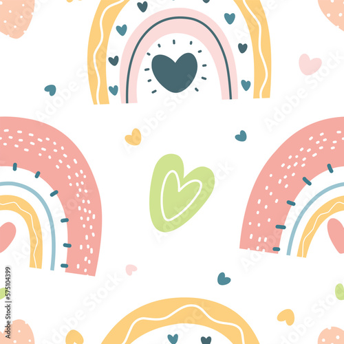Seamless pattern with cute cartoon rainbows, bright rainbows. Vector.