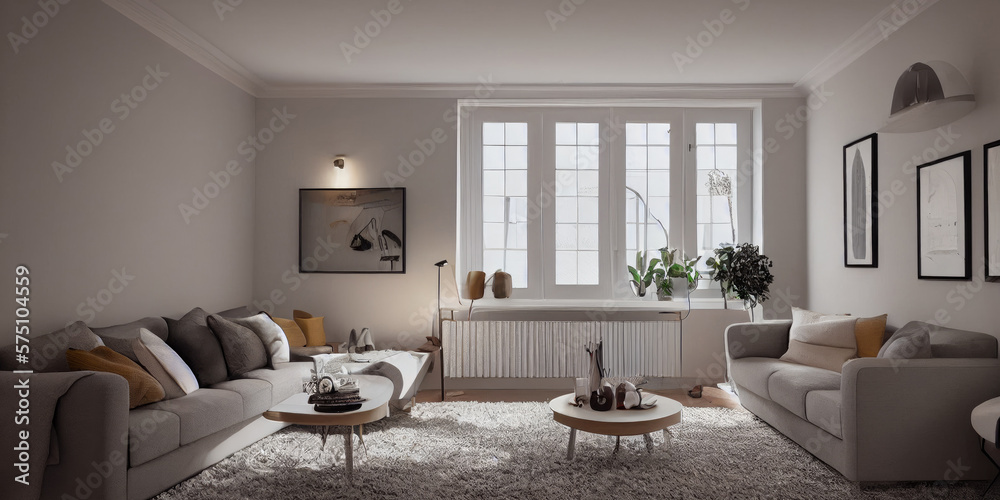 Fototapeta premium Stylish scandinavian living room with design mint sofa, furnitures, mock up poster map, plants and elegant personal accessories. Modern home decor. Bright and sunny room. Generative AI illustration.