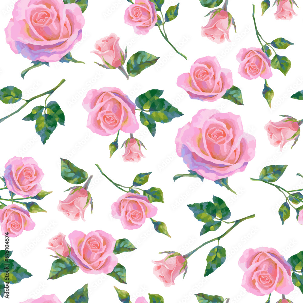 Vector seamless pattern with oil or acrylic painting roses.