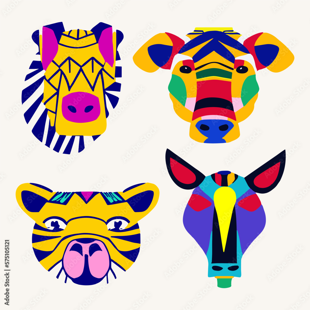 Set of african ethnic style animal heads in flat style, safari tribal collection mask in vibrant colors