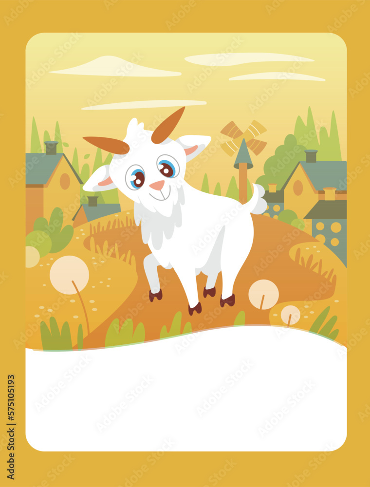 Vector illustration of a small goat on a summer meadow. It can be used as a playing card, learning material for kids. Vector illustration of a small goat on a summer meadow. It can be used as a playing card, learning material for kids.