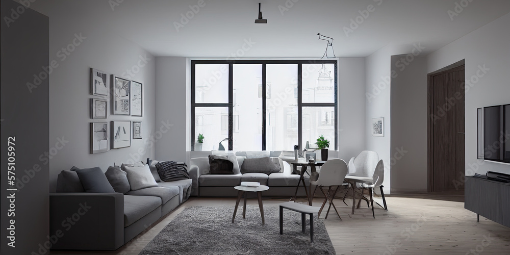 Fototapeta premium Stylish scandinavian living room with design mint sofa, furnitures, mock up poster map, plants and elegant personal accessories. Modern home decor. Bright and sunny room. Generative AI illustration.