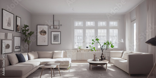Stylish scandinavian living room with design mint sofa  furnitures  mock up poster map  plants and elegant personal accessories. Modern home decor. Bright and sunny room. Generative AI illustration.
