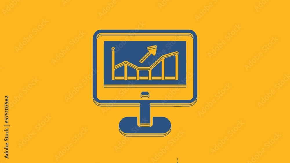 Blue Computer with stocks market growth graphs and money icon isolated on orange background. Monitor with stock charts arrow on screen. 4K Video motion graphic animation Blue Computer with stocks market growth graphs and money icon isolated on orange background. Monitor with stock charts arrow on screen. 4K Video motion graphic animation