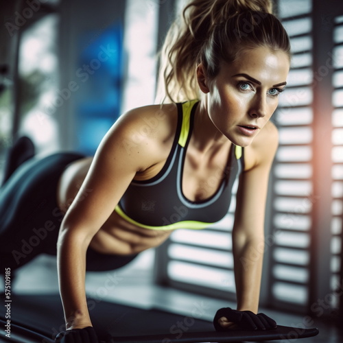 Beautiful woman at the gym doing fitness exercises. Generative AI.