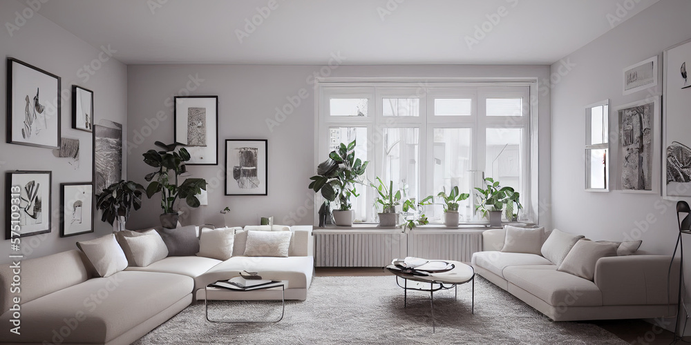 Naklejka premium Stylish scandinavian living room with design mint sofa, furnitures, mock up poster map, plants and elegant personal accessories. Modern home decor. Bright and sunny room. Generative AI illustration.