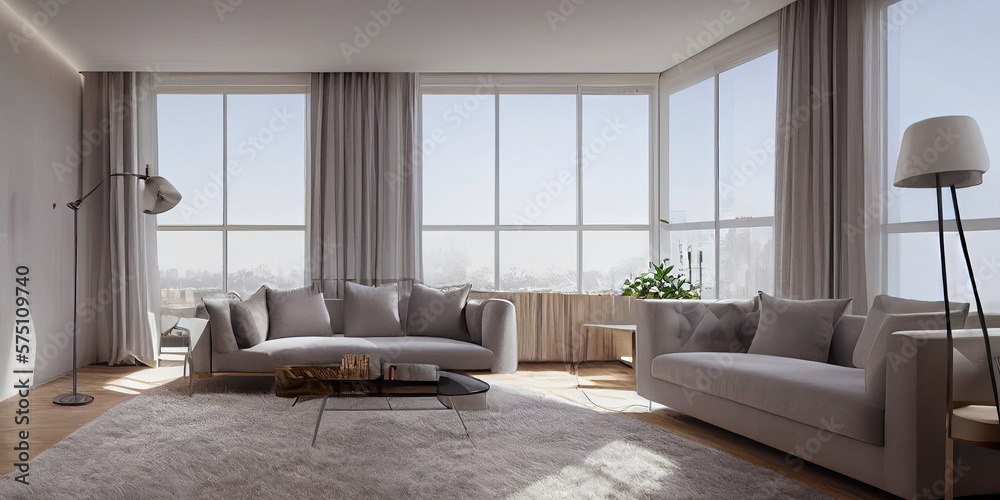 Stylish scandinavian living room with design mint sofa, furnitures, mock up poster map, plants and elegant personal accessories. Modern home decor. Bright and sunny room. Generative AI illustration. Stylish scandinavian living room with design mint sofa, furnitures, mock up poster map, plants and elegant personal accessories. Modern home decor. Bright and sunny room. Generative AI illustration.