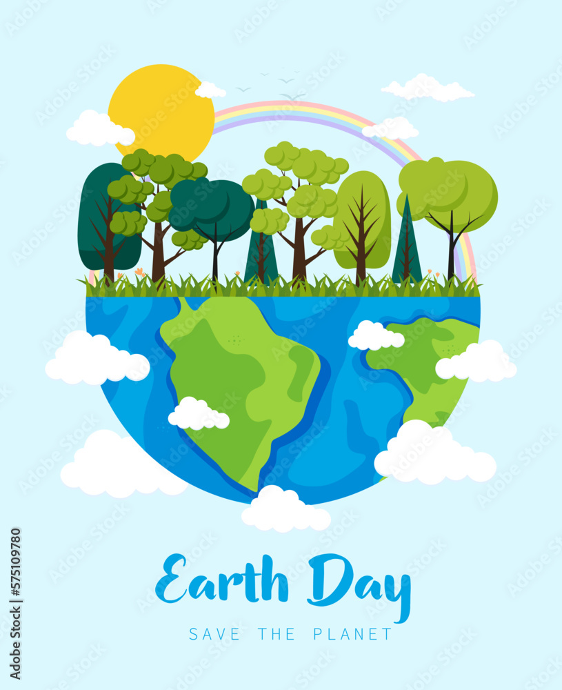 Naklejka premium Vector illustration for Earth Day and other environmental concepts. Earth with nature and rainbow. Vector illustration in flat cartoon style.