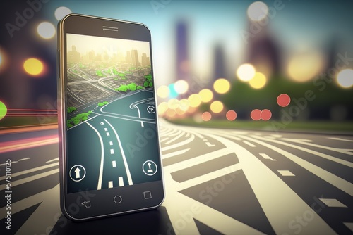 Technology and transportation concept. Navigation map on mobile phone. Smartphone, destination, location and gps. Generative AI