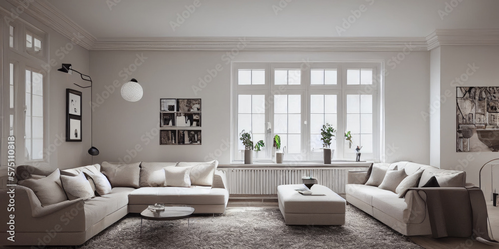 Fototapeta premium Stylish scandinavian living room with design mint sofa, furnitures, mock up poster map, plants and elegant personal accessories. Modern home decor. Bright and sunny room. Generative AI illustration.