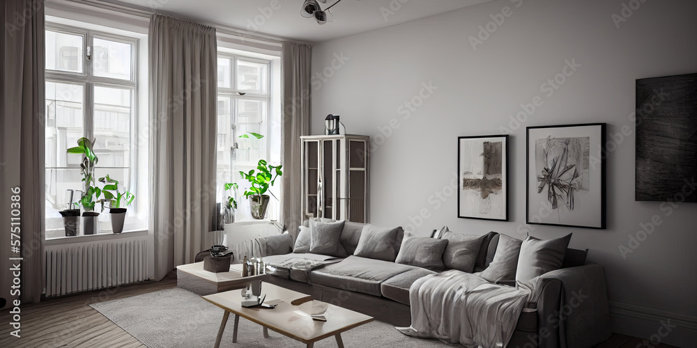 Fototapeta premium Stylish scandinavian living room with design mint sofa, furnitures, mock up poster map, plants and elegant personal accessories. Modern home decor. Bright and sunny room. Generative AI illustration.