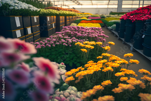 Various cut colorful flowers, roses, tulips, lisianthus, chrysanthemums, lilies and others for bouquets packed in boxes refrigerator warehouse, ready for import transportation for sale. Generative AI