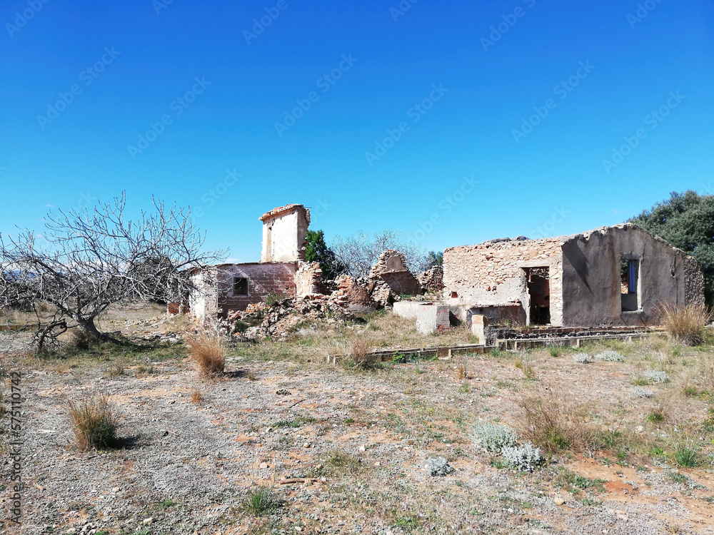 Abandoned farmhouse, farm in Spain. Ruined building, house.