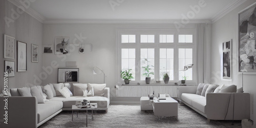 Stylish scandinavian living room with design mint sofa, furnitures, mock up poster map, plants and elegant personal accessories. Modern home decor. Bright and sunny room. Generative AI illustration.