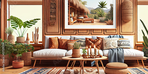 Wallpaper Mural Stylish scandinavian living room with design mint sofa, furnitures, mock up poster map, plants and elegant personal accessories. Modern home decor. Bright and sunny room. Generative AI illustration. Torontodigital.ca