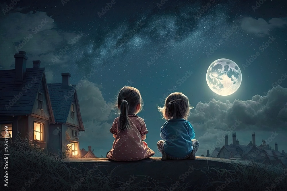Children sit and look at the evening sky with stars and the moon ...