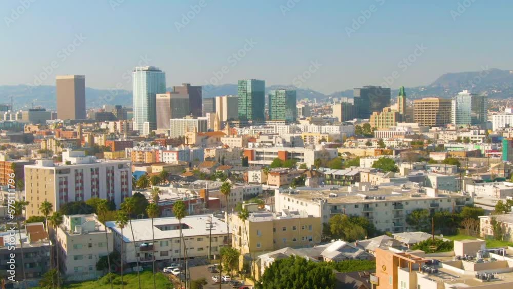Aerial Drone Los Angeles Skyline with Palm Trees and Skyscrapers Aerial Drone Los Angeles Skyline with Palm Trees and Skyscrapers