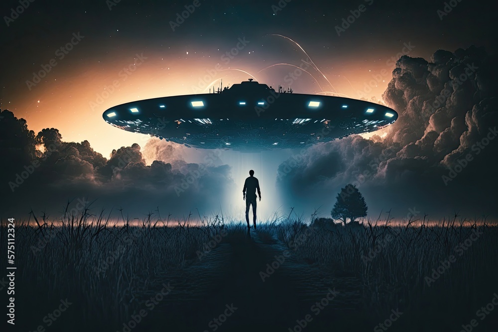 Flying saucer at night in a field and a silhouette of a person below ...