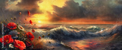 Beautiful flowers, poppies and daisies against the backdrop of the ocean, raging waves, the sun's rays illuminating the surface of the sea. Watercolor paintings sea landscape, sunset in the ocean
