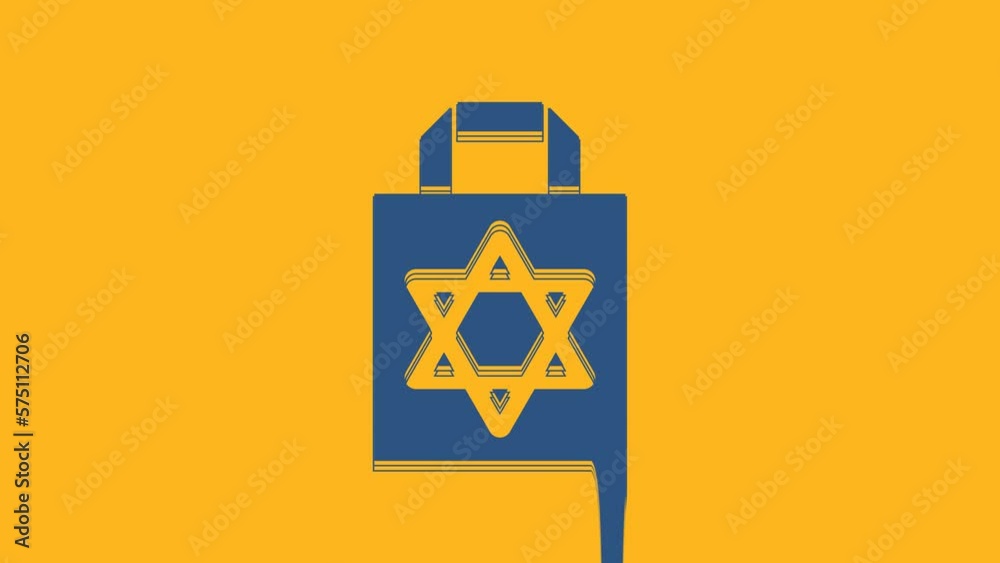 Blue Shopping bag with star of david icon isolated on orange background. Package sign. 4K Video motion graphic animation Blue Shopping bag with star of david icon isolated on orange background. Package sign. 4K Video motion graphic animation