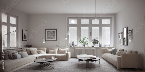 Stylish scandinavian living room with design mint sofa  furnitures  mock up poster map  plants and elegant personal accessories. Modern home decor. Bright and sunny room. Generative AI illustration.