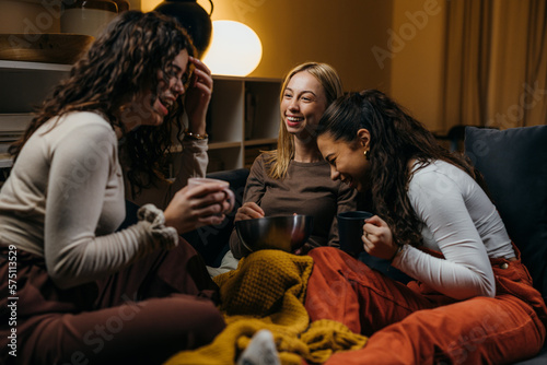 Smiling friends are spending the evening together