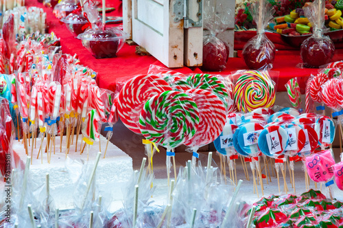 Colorful lollipops in a market.