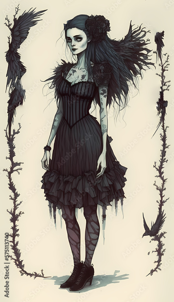 Graphic Novel Style Illustration of a Tattooed Goth Angel Girl in Black  Clothing Framed by Black Feathers and Briars. [Sci-Fi, Fantasy, Historic,  Horror Character. Video Game, Anime, Comic, Manga.] Illustration Stock