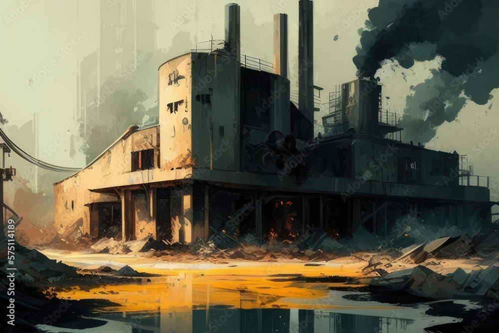 abandoned factory, leaking hazardous chemicals into the ground AI generation.