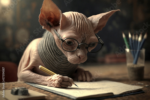 Elderly poet cat writing a poem for his blog. Generative AI photo