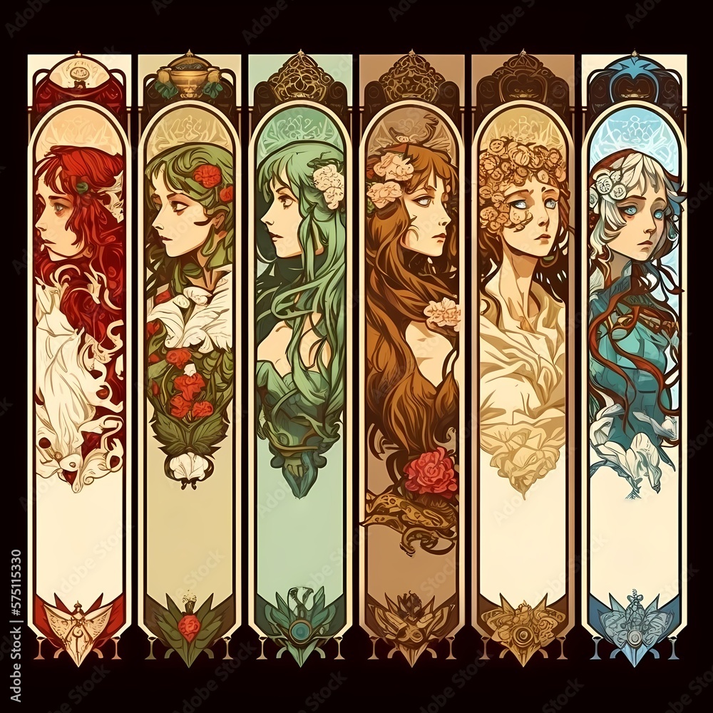 Anime Set of Art Nouveau / Art Deco Poster Style Women Representing the  Changing Seasons. Room for Text [Sci-Fi, Fantasy, Historic, Horror  Character. Graphic Novel, Video Game, Anime, Comic, Manga.] Stock  Illustration