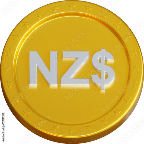 Golden New Zealand Dollar coin 3d render illustration