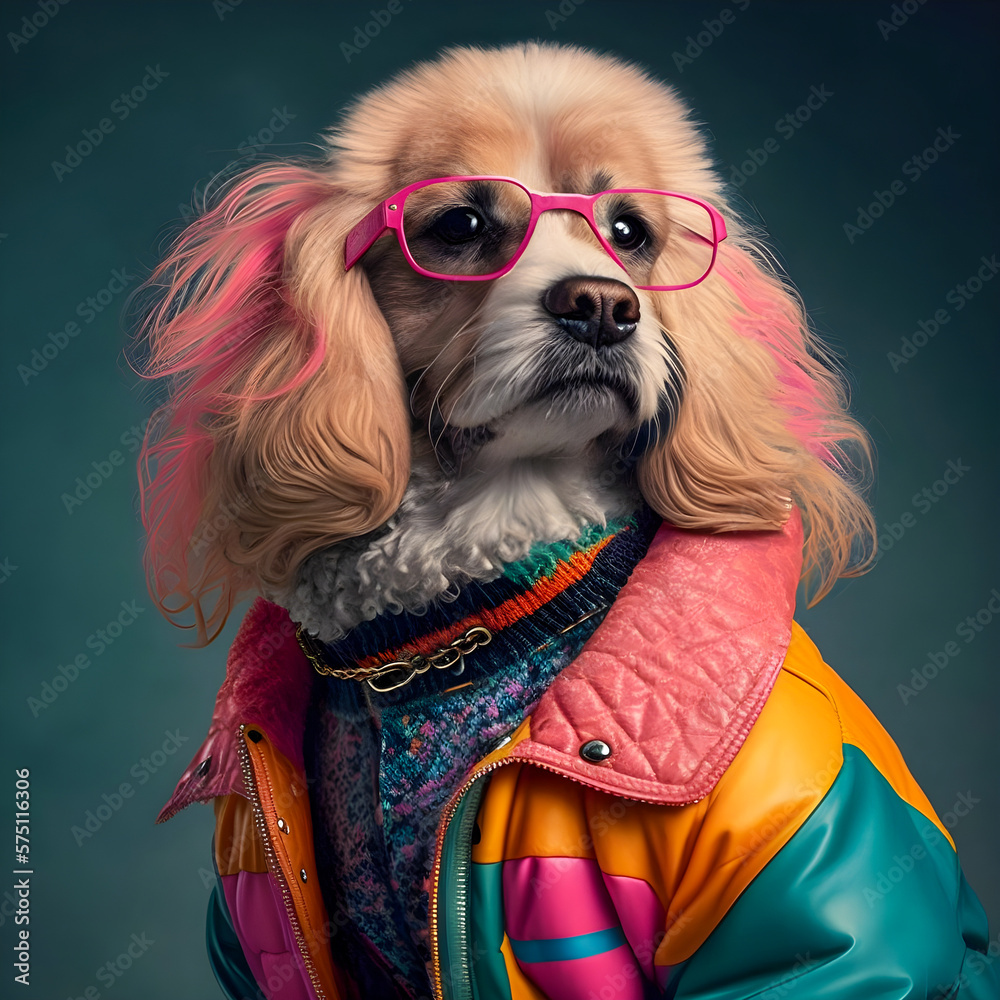 80s Dog Vibes, fashion animals, funny art Generative AI 80s Dog Vibes, fashion animals, funny art Generative AI